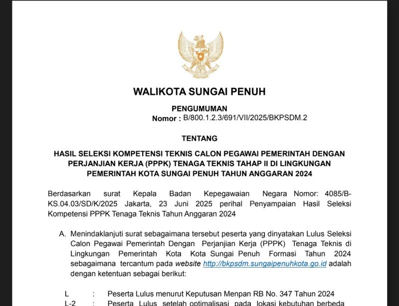 Pengumuman Hasil Seleksi PPPK tahap II Sungai Penuh