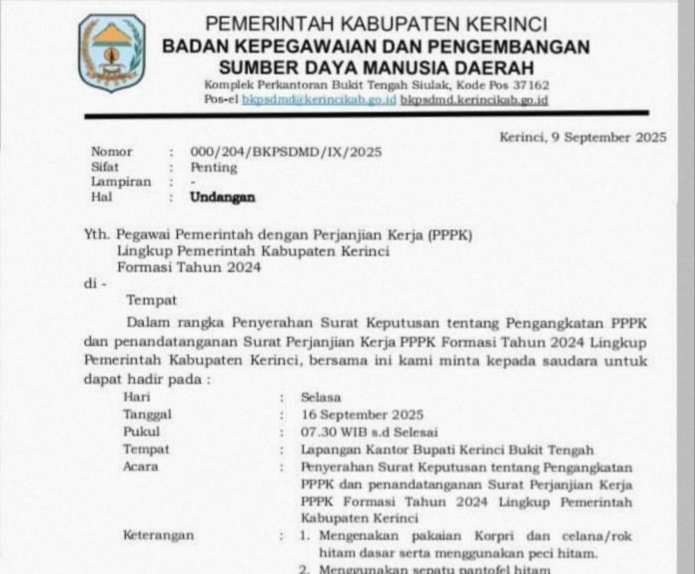 Pemkab Kerinci Jadwalkan Penyerahan SK PPPK Formasi 2024 pada 16 September