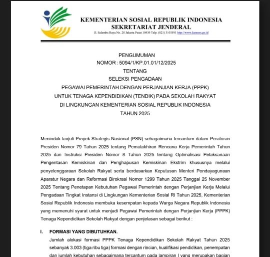 Foto : Tangkapan Layar Pengumuman Peneriamaan PPPK Untuk Sekolah Rakyat